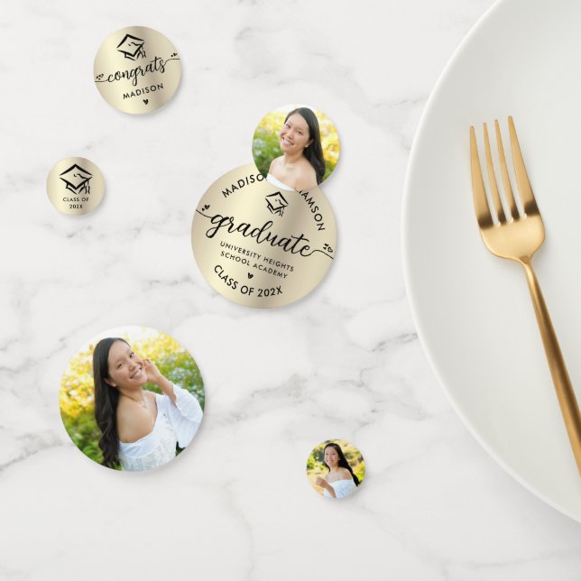 3 Photo Graduation Black Gold Modern Script Cap Confetti (Group)