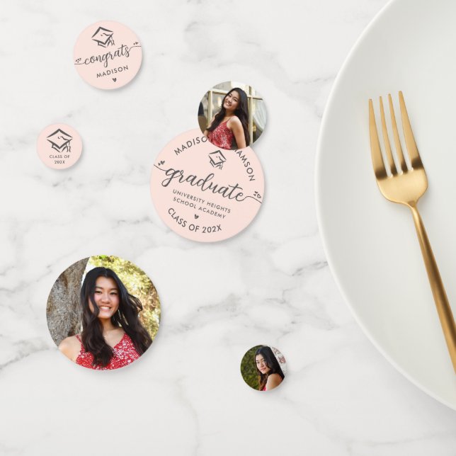 3 Photo Graduation Blush Pink Modern Script Cap Confetti (Group)