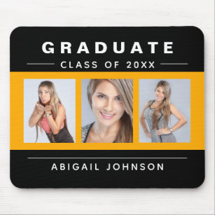 3 Photo Graduation Collage Graduate Gold and Black Mouse Pad