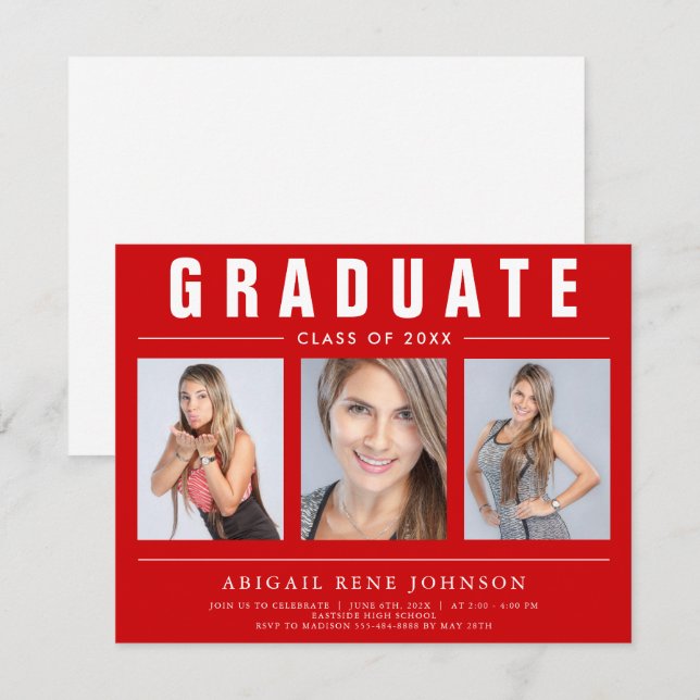 3 Photo Graduation Collage Graduate Red and White Announcement (Front/Back)
