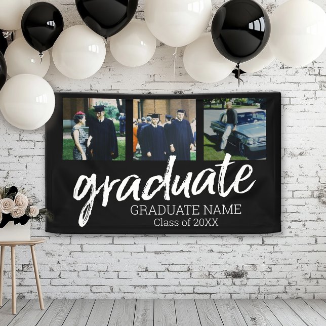 3 Photo Graduation - Modern Graduate Script Black Banner (Custom Graduation Banner for a Grad Party or Open House)