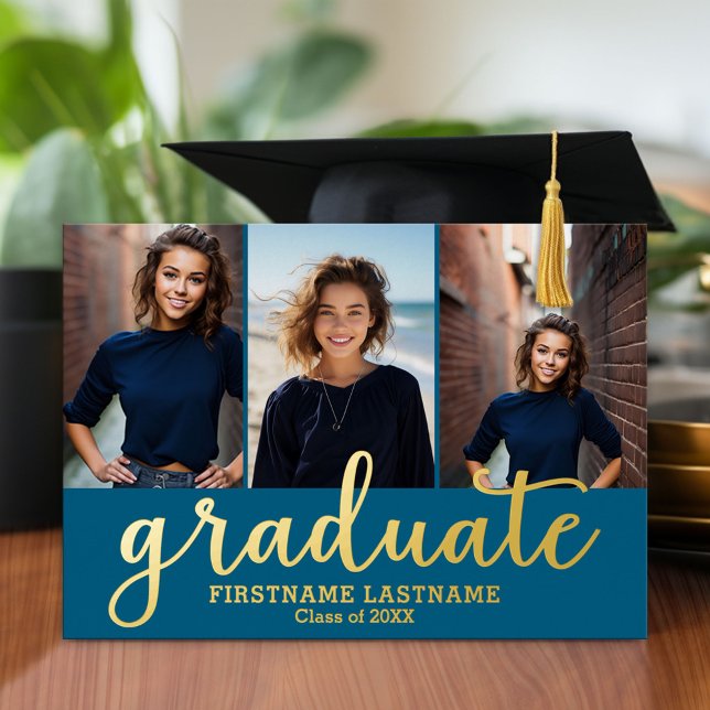 3 Photo Graduation Party Modern Script Gold (Graduation announcement and invitation with multiple photos)