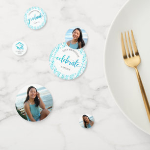 3 Photo Graduation Turquoise Blue Glitter Script Confetti