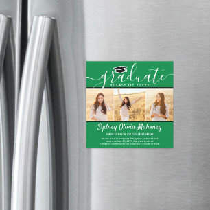 3 Photo Green Magnetic Graduation Announcement