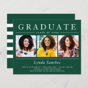 3 Photo Green White Stripes Graduation Invitations