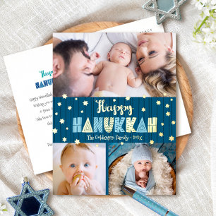3 Photo Happy Hanukkah Modern Teal Blue Real Gold  Foil Holiday Postcard