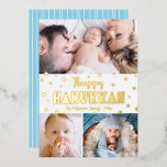 3 Photo Happy Hanukkah Whimsical Modern Real Gold Foil Holiday Card<br><div class="desc">“Happy Hanukkah.” Fun, playful, whimsical handcrafted real gold foil typography and a random Star of David pattern overlay a clean, white background. Add 3 photos of your choice to help usher in Hanukkah with this stunning, colourful, personalised real gold foil greeting card. Hand drawn white lines overlay a light turquoise...</div>