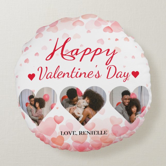 3 photo Heart collage valentines day couple Round Cushion (Back)
