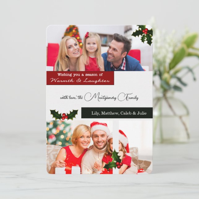 3 Photo Holly and Berries Christmas Holiday Card (Standing Front)