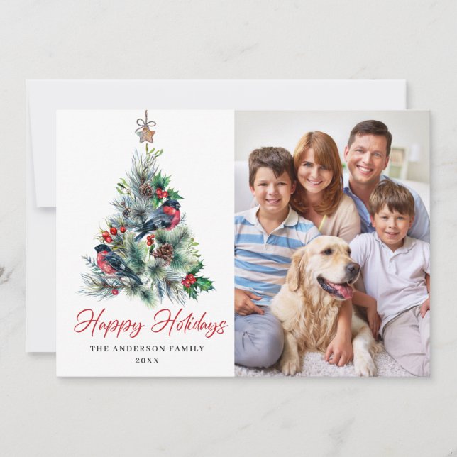 3 PHOTO Holly Berry Christmas Tree Greeting Holiday Card (Front)