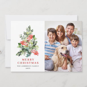3 PHOTO Holly Berry Christmas Tree Greeting Holiday Card