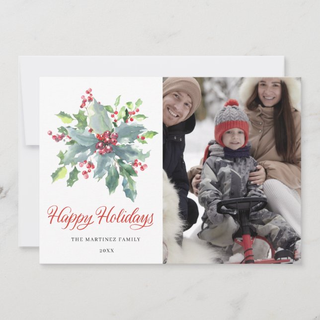 3 PHOTO Holly Berry Festive Family Christmas Holiday Card (Front)