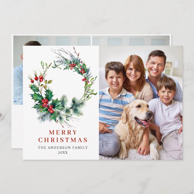 3 PHOTO Holly Berry Wreath Christmas Greeting Holiday Card (Front/Back)
