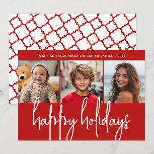 3 Photo - Huge Happy Holidays - Red Quatrefoil Holiday Card