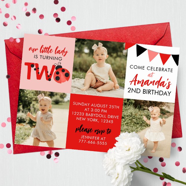 3 Photo Ladybug 2nd Birthday Invitation (Watercolor Ladybug 3 Photo 2nd Birthday Invitations. Digital or Printed with Envelopes)