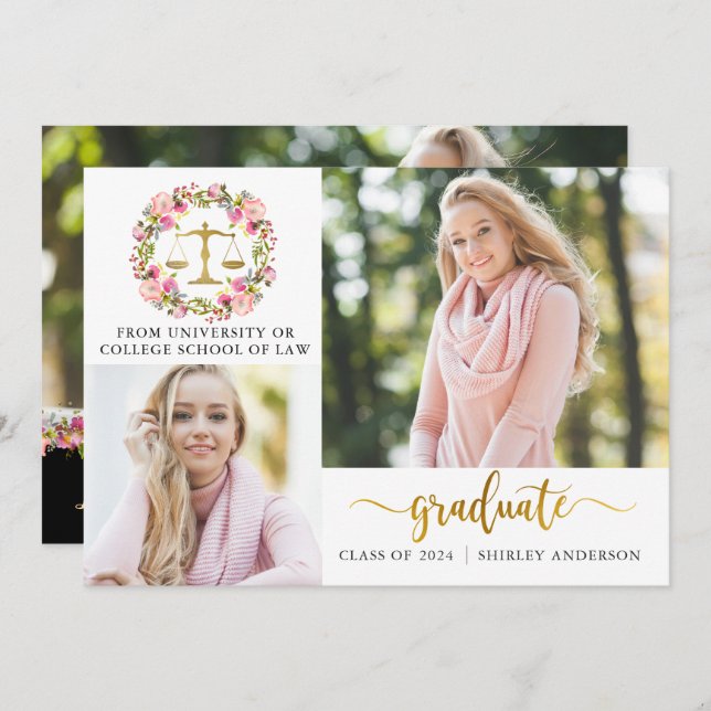 3 Photo Law School Graduation Floral Announcement (Front/Back)