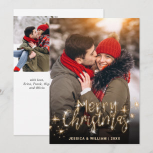 3 PHOTO Merry Christmas Gold Sparkle Greeting Holiday Card