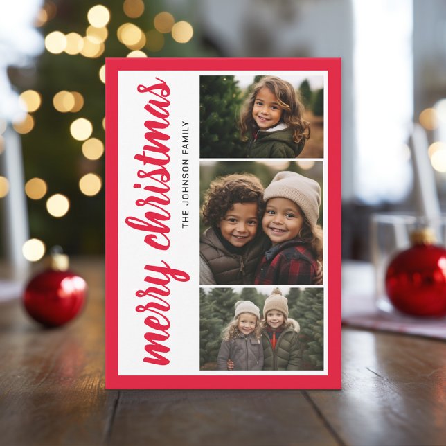 3 Photo Merry Christmas Red Border - Calligraphy Holiday Card (Christmas Photo Collage Card)