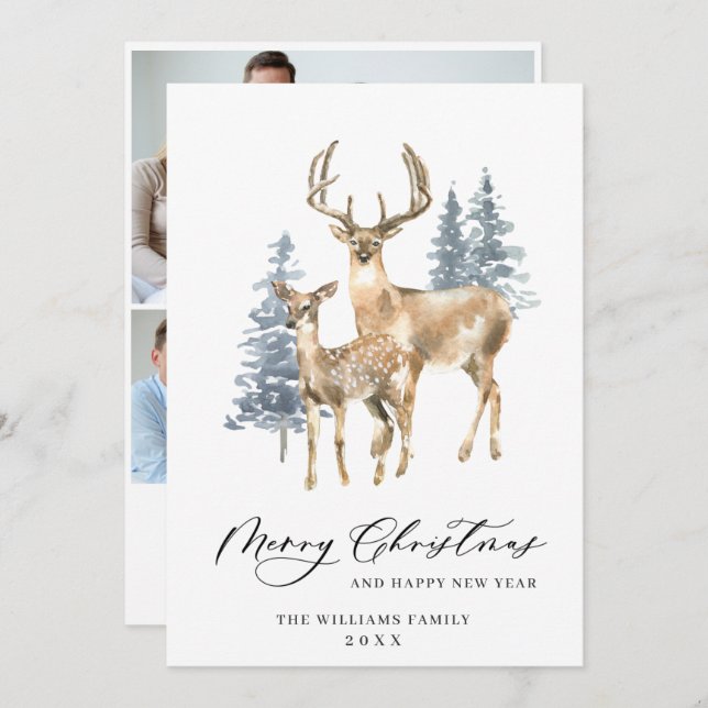 3 PHOTO Minimalist Elegant Deer Christmas Tree Holiday Card (Front/Back)