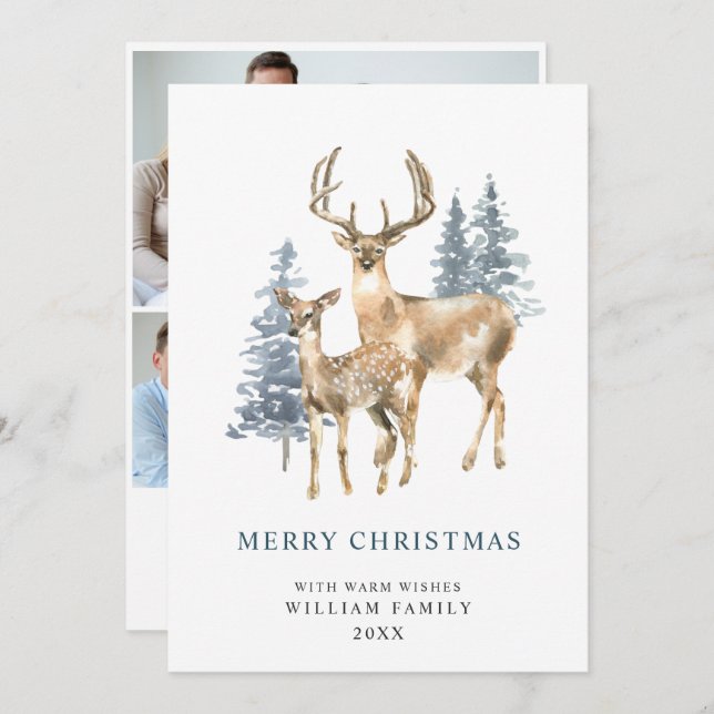 3 PHOTO Minimalist Elegant Deer Christmas Tree Holiday Card (Front/Back)