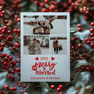 3 Photo Minimialist Merry and Married  Holiday Card