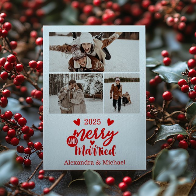 3 Photo Minimialist Merry and Married  Holiday Card (Creator Uploaded)