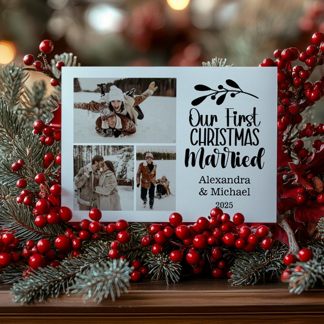 3 Photo Minimialist Our First Christmas Married Holiday Card (Creator Uploaded)