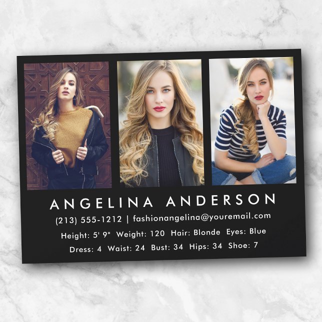 3 Photo Model Actor Comp Card Blk (Customize to change background color, text size or text style.)