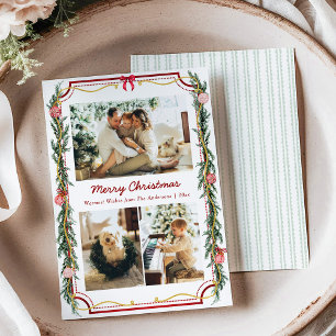 3 Photo Modern Botanical Christmas Foliage and Bow Holiday Card