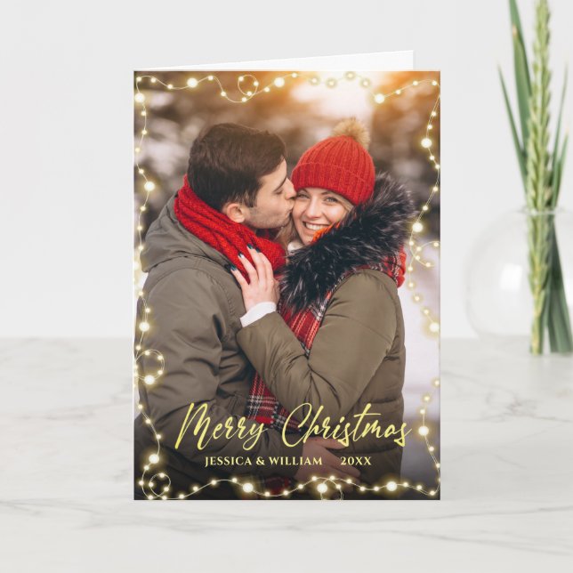 3 PHOTO Modern Christmas String Light Greeting Holiday Card (Front)
