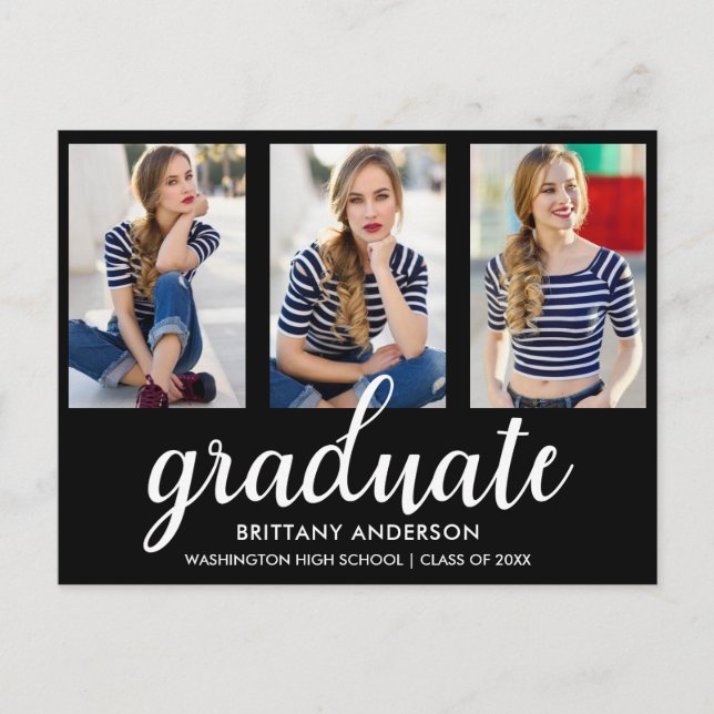 3 Photo Modern Gold Graduation Party Invitation BW Postcard (Front)