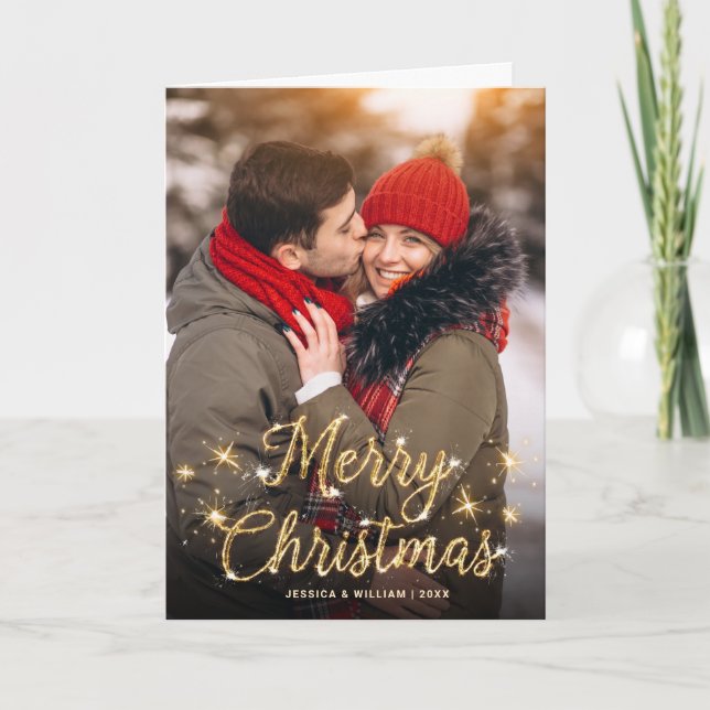 3 PHOTO Modern Golden Christmas Greeting Holiday Card (Front)
