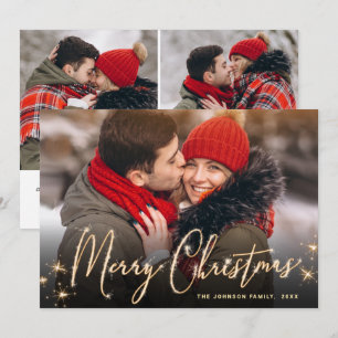 3 PHOTO Modern Golden Christmas Greeting Holiday Card