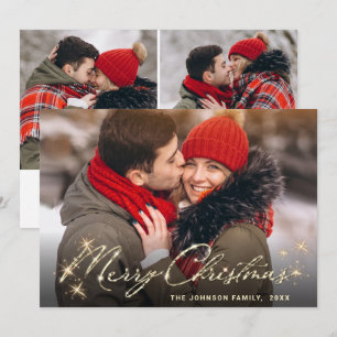 3 PHOTO Modern Golden Christmas Greeting Holiday Card