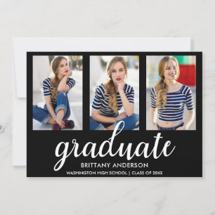 3 Photo Modern Graduation Announcement Card BW