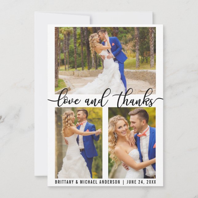 3 Photo Modern Love and Thanks Wedding Thank You Card (Front)