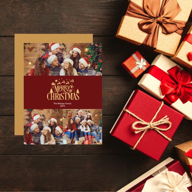 3 Photo Modern Merry Christmas in Gold Greeting Holiday Card (Creator Uploaded)