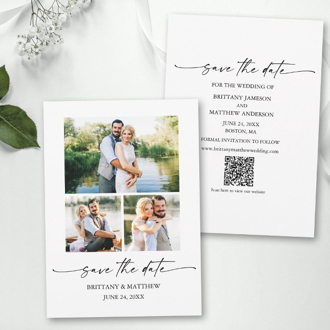 3 Photo Modern Minimalist Ink Script QR Code Save The Date (Add your wedding website or social media web address to the QR Scan Code.)