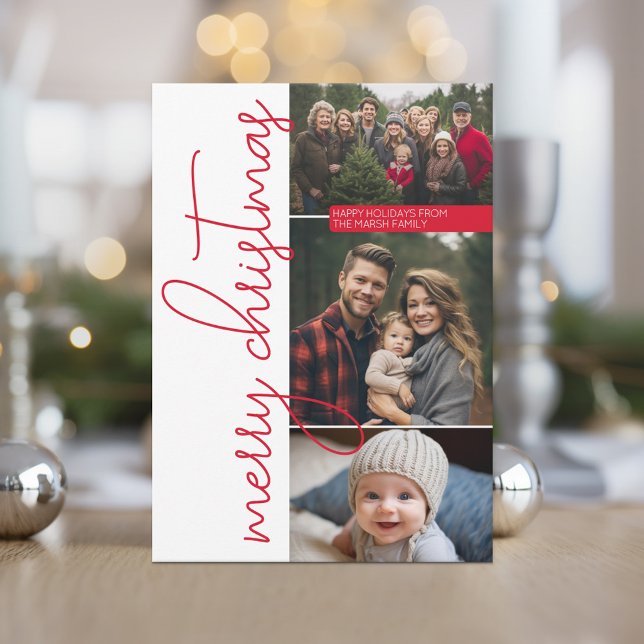 3 Photo Modern Red Calligraphy Merry Christmas Holiday Card (9 Photo Collage with Herringbone Stripes - Online Christmas Card - Print and Download Options)