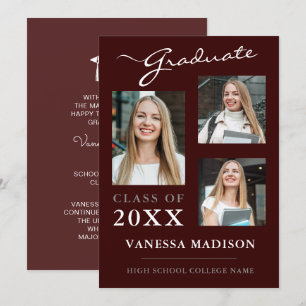 3 photo Modern Script Burgundy Rose Graduation Announcement