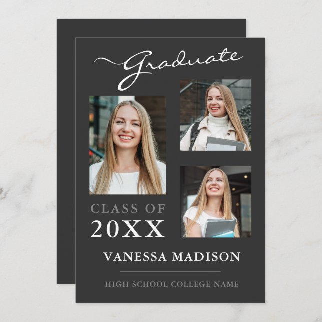 3 photo Modern Script Platinum Grey Graduation Announcement (Front/Back)