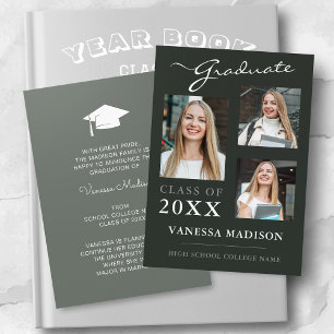 3 photo Modern Script Sage Green Graduation Announcement