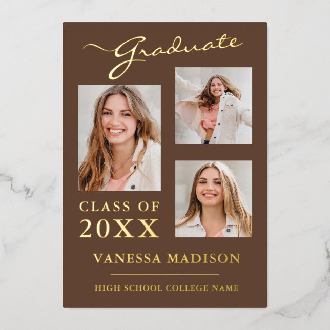 3 Photo Modern Script Tan Brown Grad Announcement (Front)