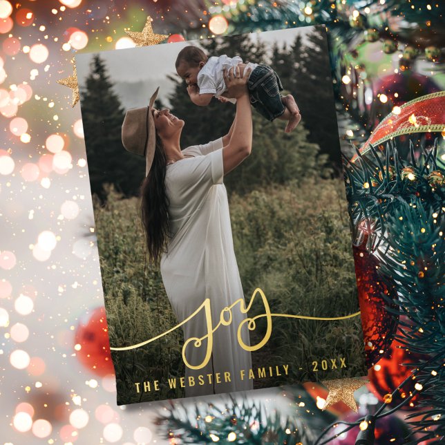 3 Photo Navy Blue Golden Joy Brush Script Gold Foil Holiday Card (Creator Uploaded)