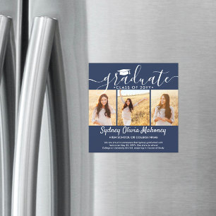 3 Photo Navy Blue Magnetic Graduation Announcement