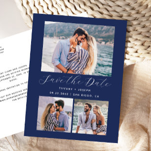 3 Photo Navy Blue Save the Date Postcard