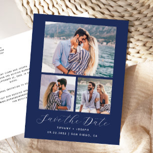 3 Photo Navy Blue Save the Date Postcard