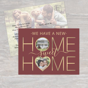 3 Photo New Home Sweet Home Modern Burgundy & Gold Announcement Postcard