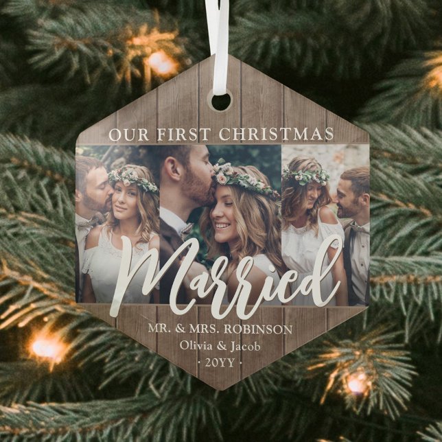 3 Photo Newlyweds 1st Xmas Married Faux Wood Glass Tree Decoration (Creator Uploaded)