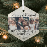 3 Photo Newlyweds Merry & Married Faux Marble Glass Tree Decoration<br><div class="desc">Celebrate a joyful 1st holiday as newlyweds with a custom 3 photo collage "Merry & Married" hexagon-shaped glass ornament. Pictures and wording on this template are simple to personalise. (IMAGE PLACEMENT TIP: An easy way to centre a photo exactly how you want is to crop it before uploading to the...</div>